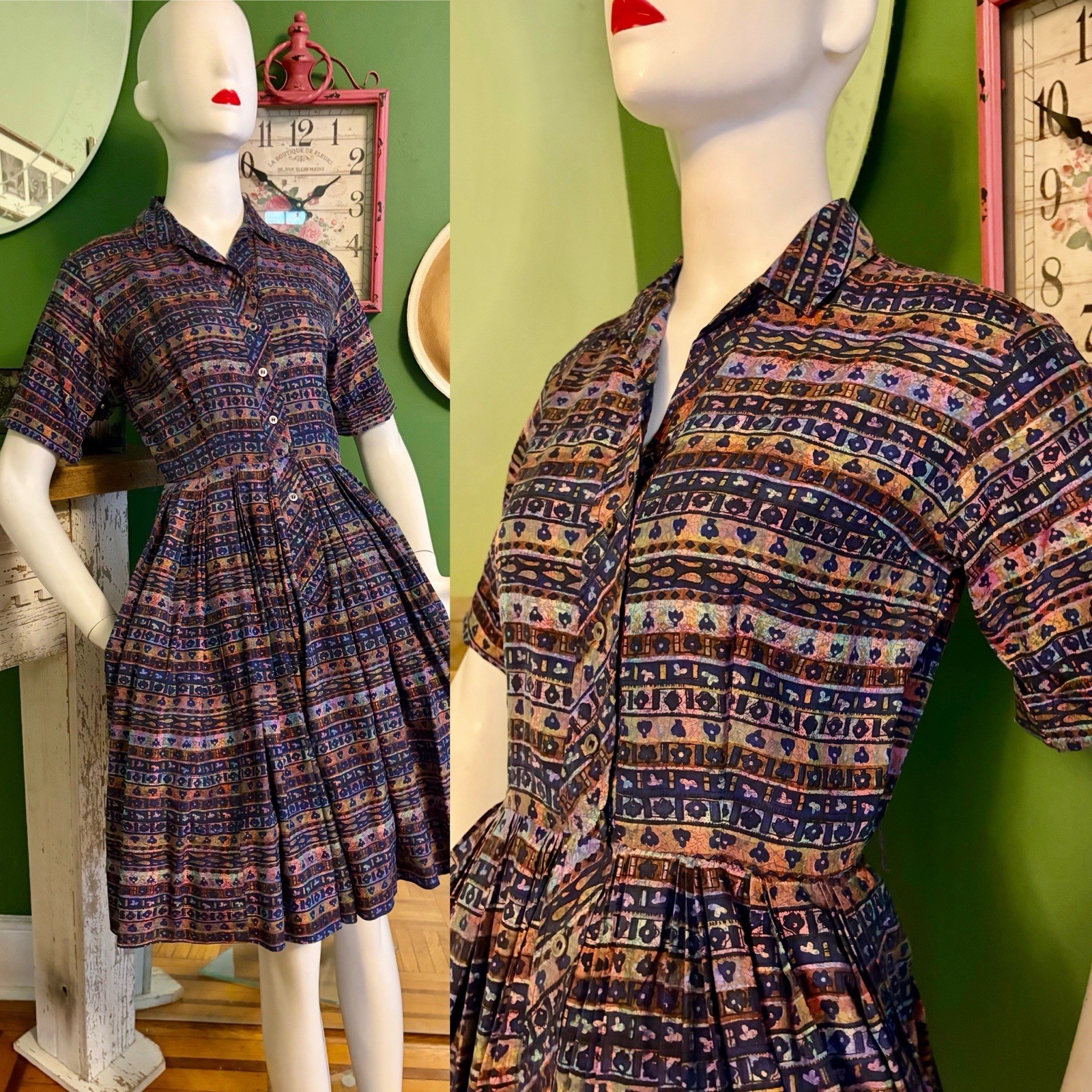 Vintage 1950’s Graphic Print Shirtwaist Day Dress Westbury Fashions S 36/26