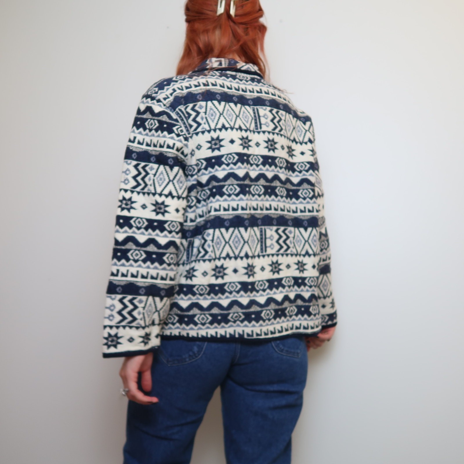 Vintage 90s blue and cream tapestry jacket coat 1X