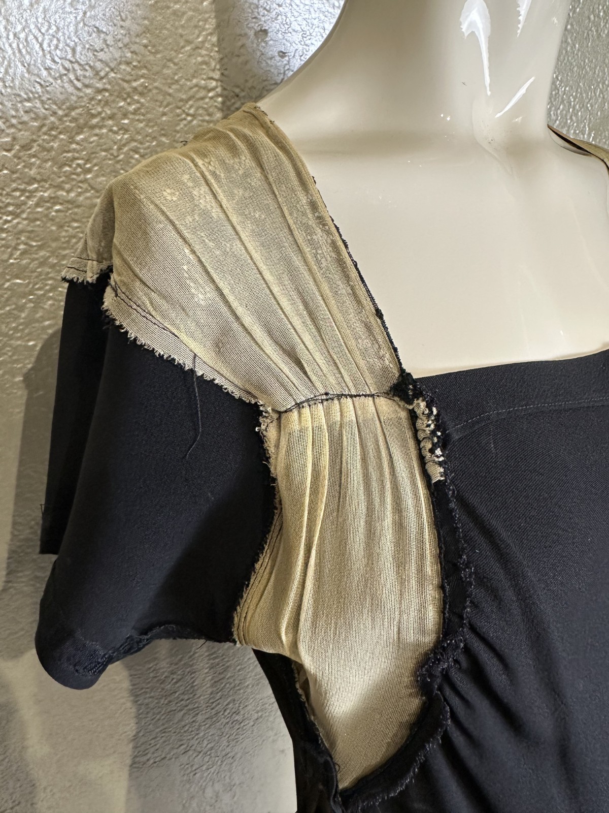 Vintage 1940s Ladies Handmade Black Rayon Dress w/ Silk Lace Shoulder Yoke XS