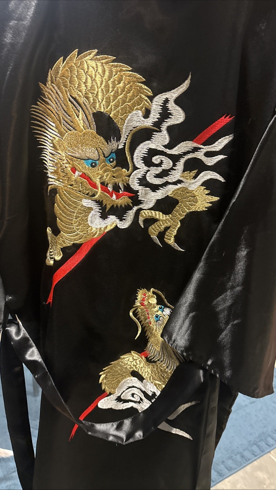 Ichiban Vintage Japanese Kimono Robe Black Satin Dragon Embroidered