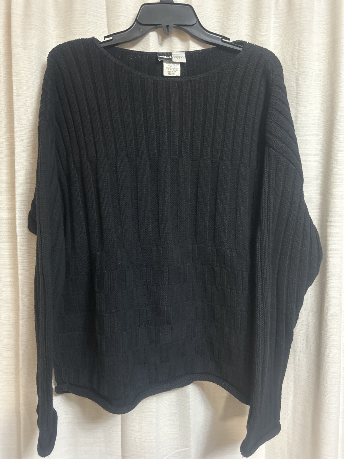 Beldoch Popper USA M Black Long Sleeve Knit Sweater Vintage Cotton Mall Hair T4