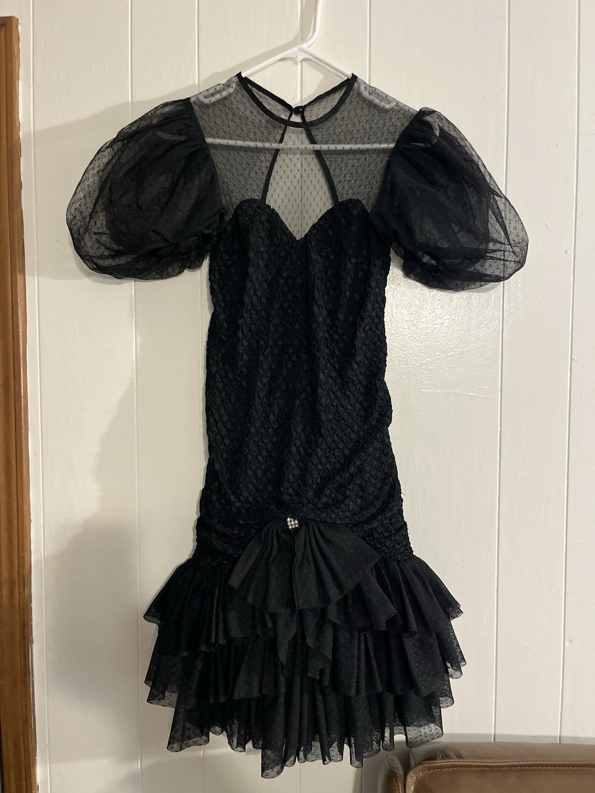 Vtg 80s Black Prom Cocktail Dress Puff Sleeve Sweetheart Bow w/ Rhinestones