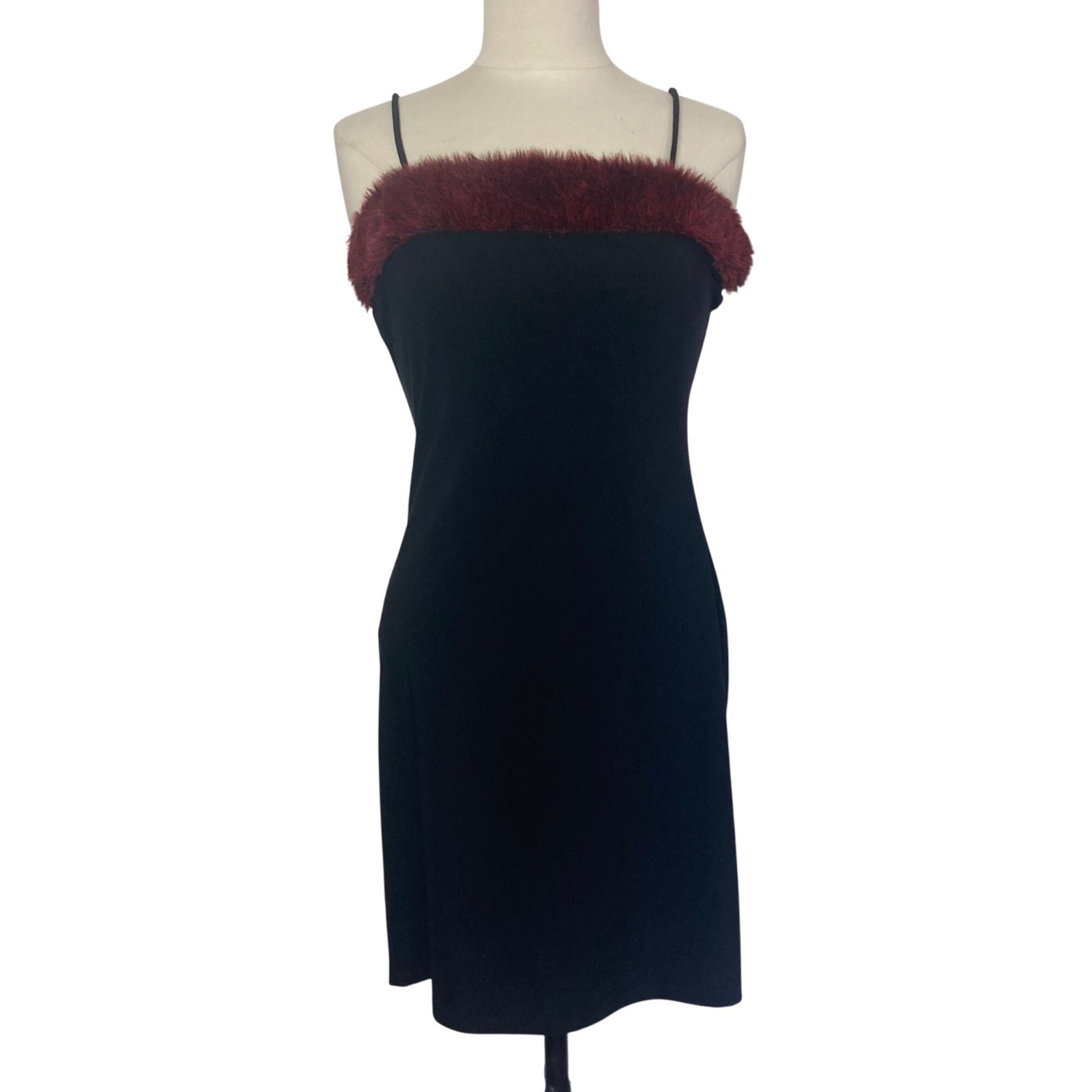 Vintage 90s Y2K Misope Mini Dress Black Medium Burgundy Faux Fur Trim USA Made