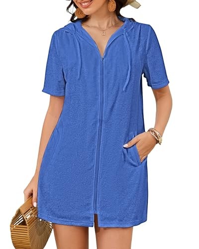 Terry Cloth Cover Up – Women 2025 Zipper Swimsuit Coverup Hooded XX-Large Blue