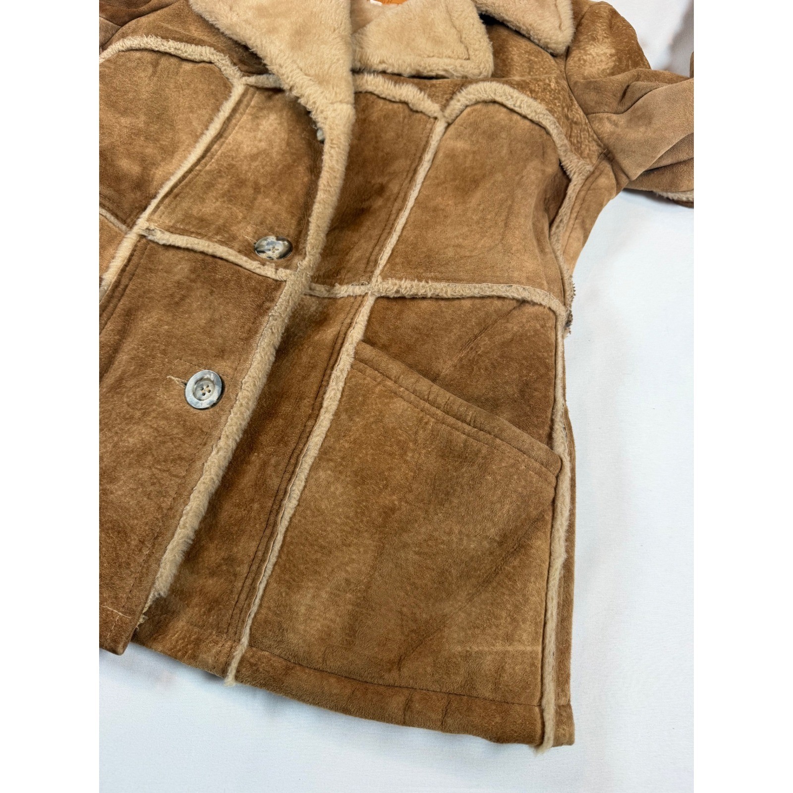 Vtg William Barry Brandon Colorado Suede Shearling Jacket Tan Brown Penny Sz XS