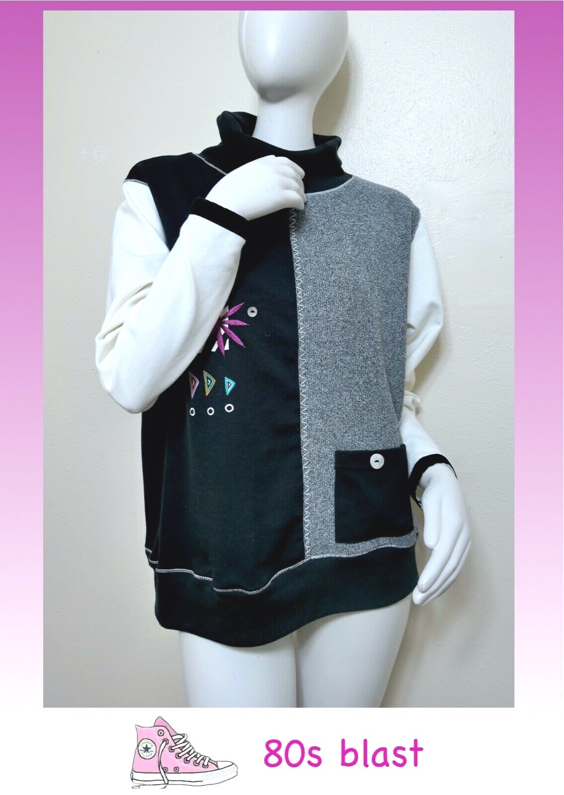 Vintage granny 80s Retro Color Block Sport Embroidered Cowl Sweatshirt Blast M