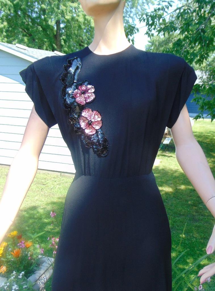 VTG 40s Black Rayon Sequin Cocktail Dress Back Drape 28W