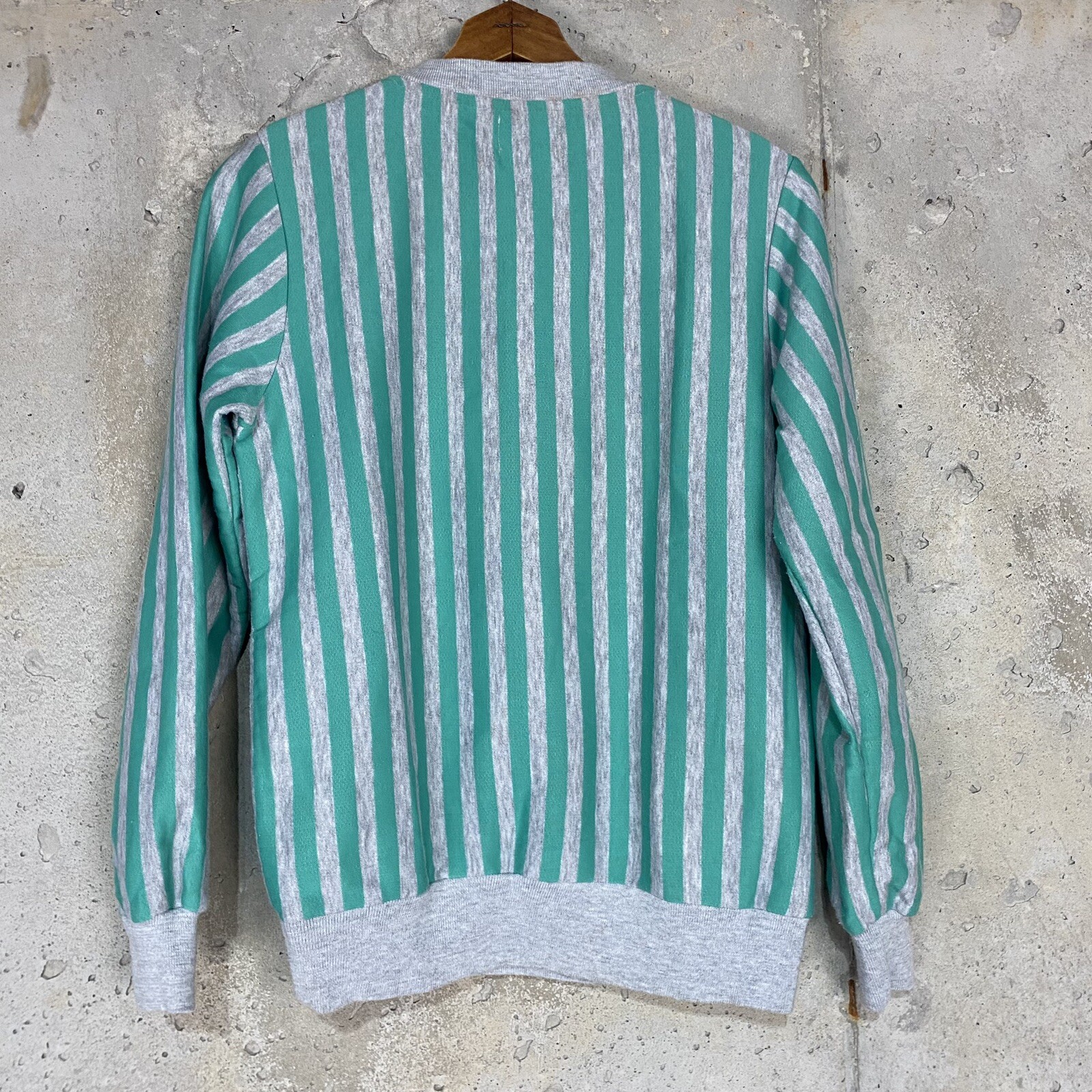 Vintage 80s dolfin corp blue green aqua gray striped crewneck sweatshirt med