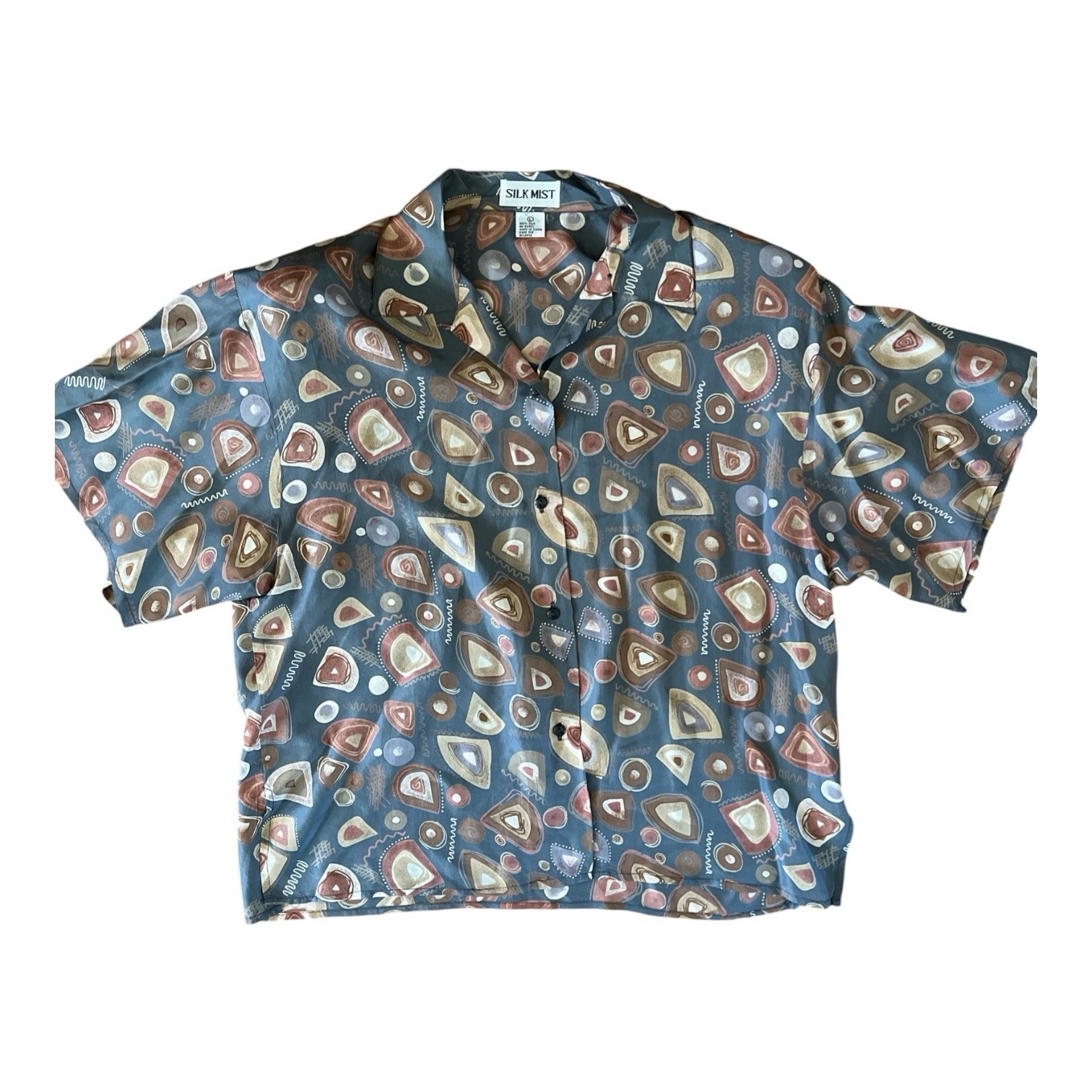 Silk Mist VTG 90s 100% Silk Shirt Abstract Art Print Button Up Shoulder Pads L