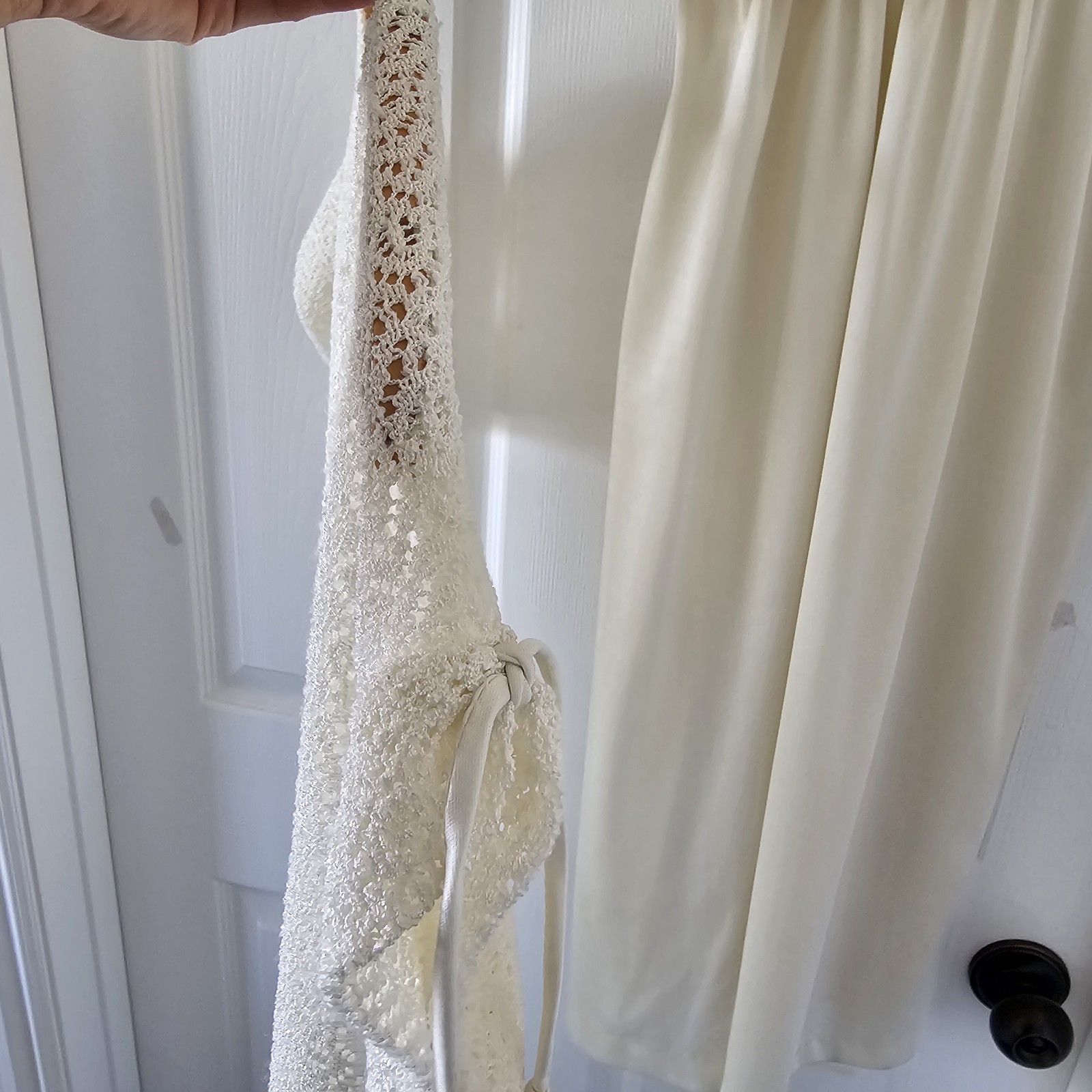 1970s Vintage Cream Ivory Spaghetti Strap Dress And Knit Lace Jacket Set #25
