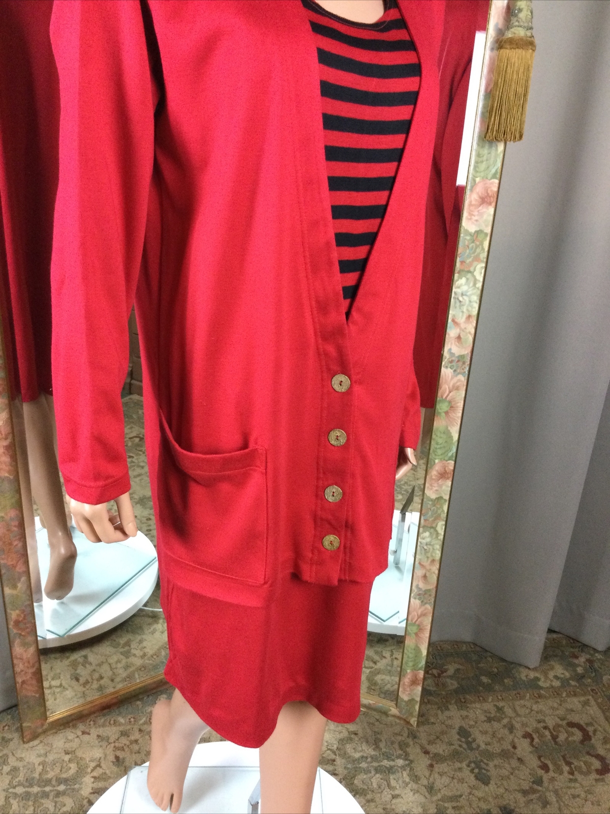 Vintage California Gold Rush Red & Black Strip Knit Dress Sz 16 Bust 46” Pockers
