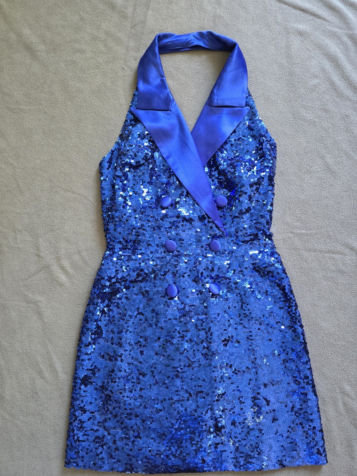 Vintage NITELINE Della Roufogali Royal Blue Sequin Halter Suit Jacket Dress Sz.2