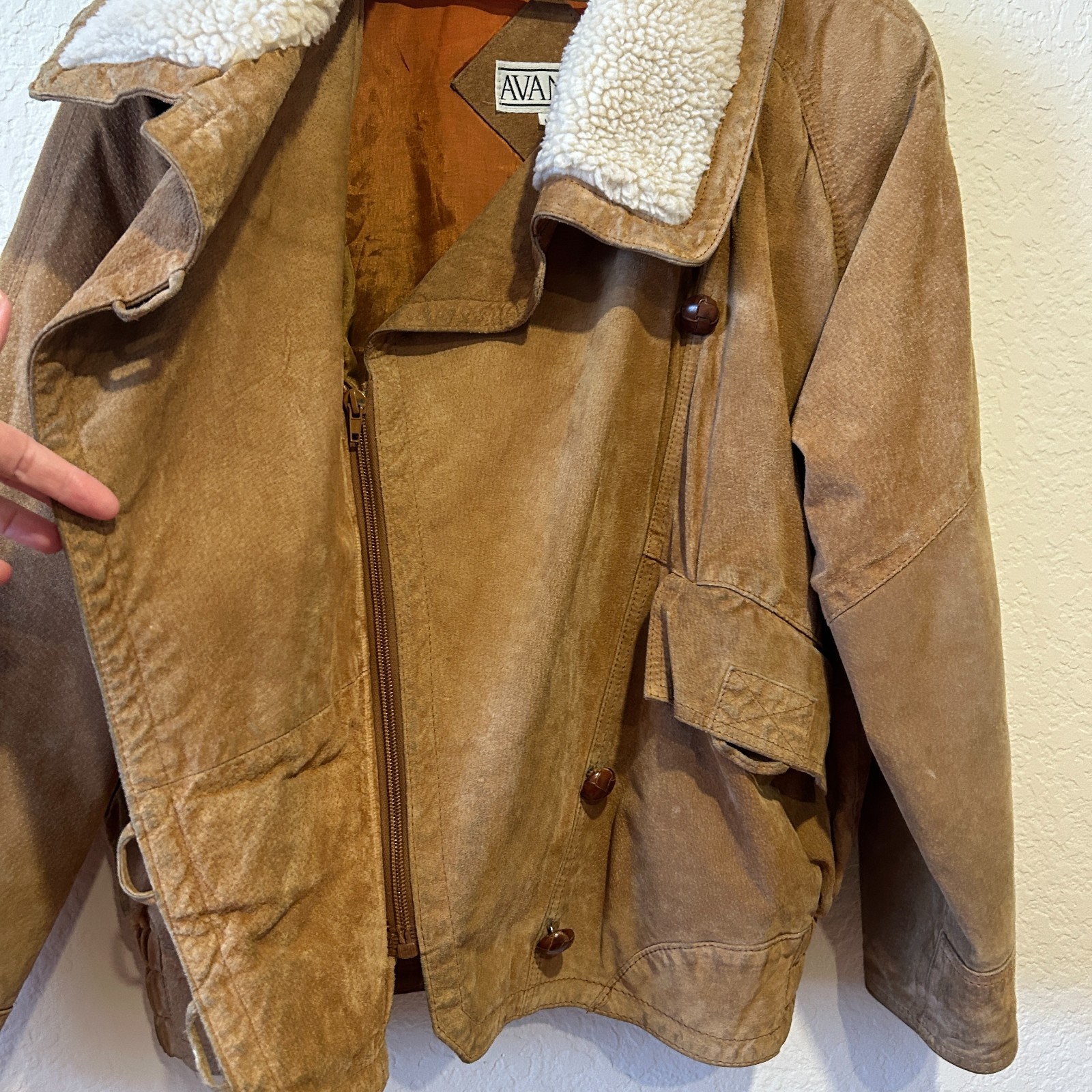 VTG 90s Avanti Suede Leather Bomber Jacket Oversized Sz L Sherpa Fleece Collar
