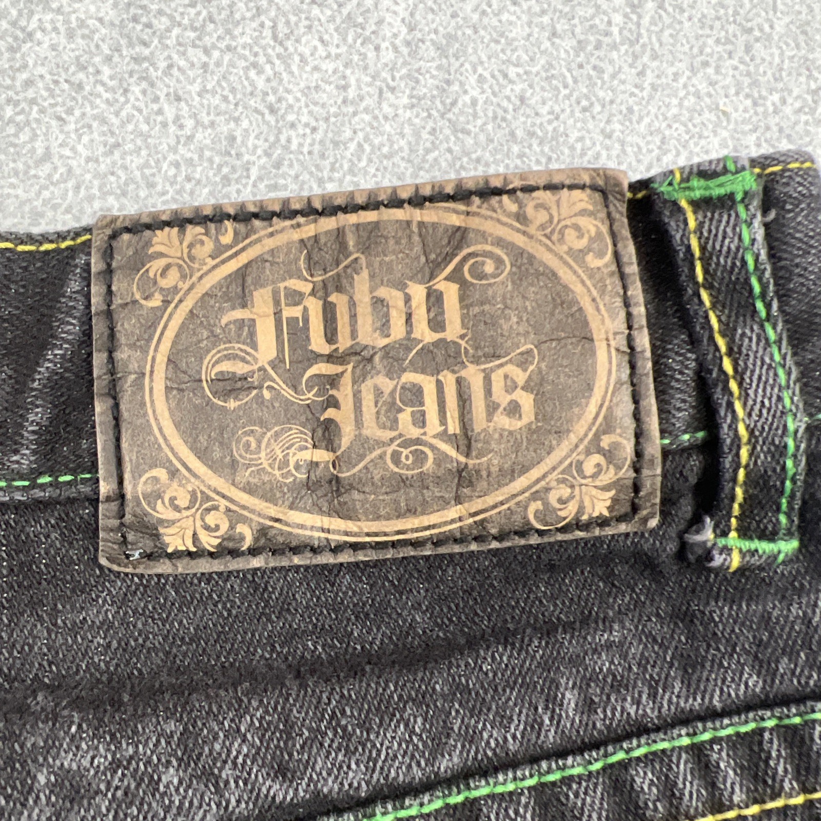 Vintage FUBU 90s Jeans Sz 16 (26×28) Distress Embroidered Pockets Baggy Skater