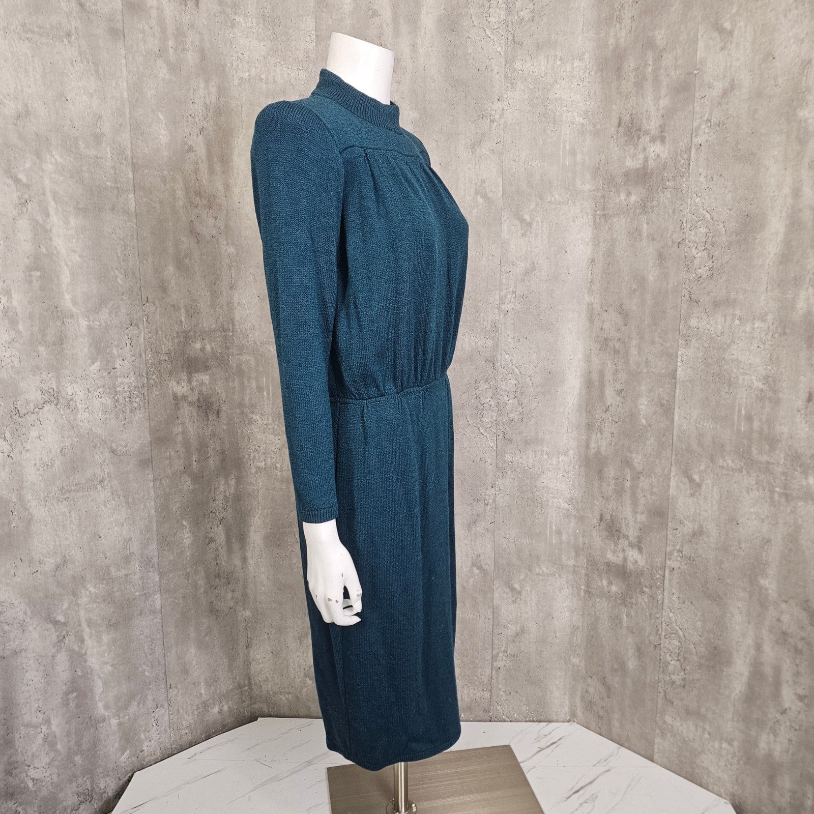 Vintage St John Marie Gray Knit Dress Teal Green Mock Neck 80s 90s FLAWED AS IS