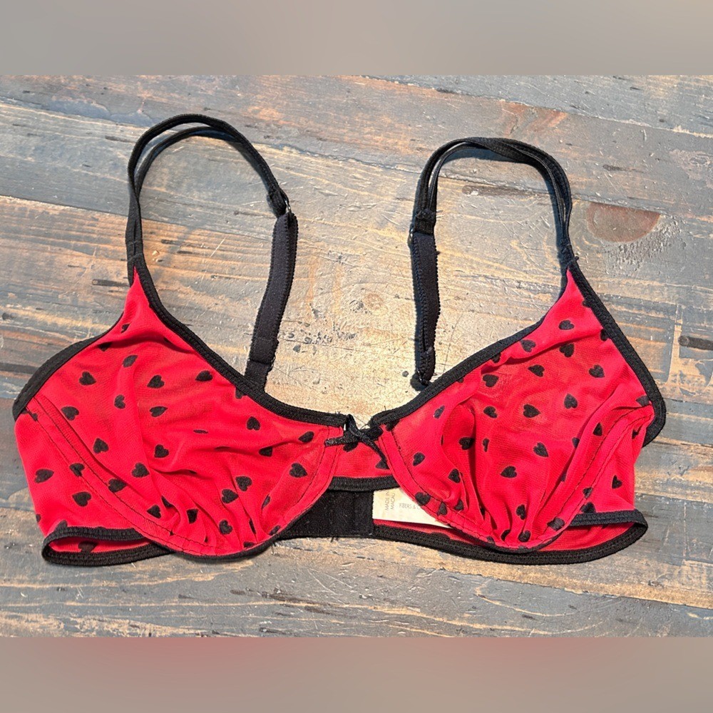 Vintage Red Mesh Heart Print Bra Sheer Black Trim 36B Sexy Date Night