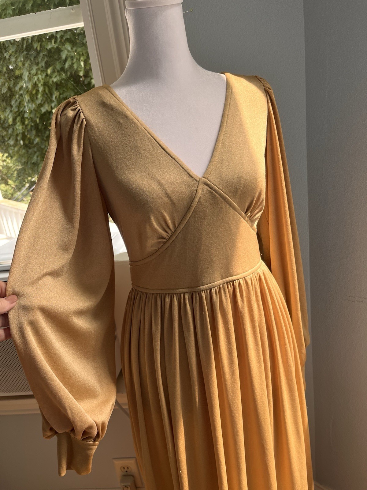 Vintage 70s Maxi Dress Stretch Knit Gold Tan Goddess Ethereal XS S 4 Odyssey