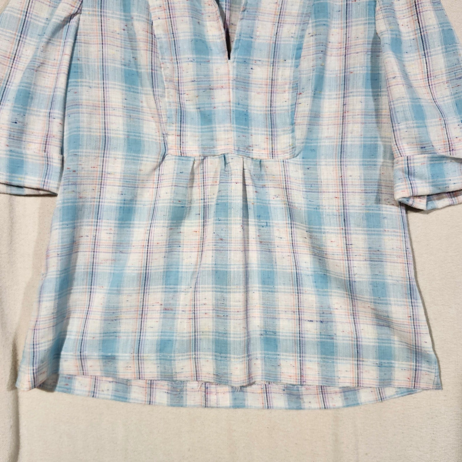 Handmade Vintage Blue Plaid Tunic Top Short Sleeve V-Neck Rainbow 70s Retro Boho