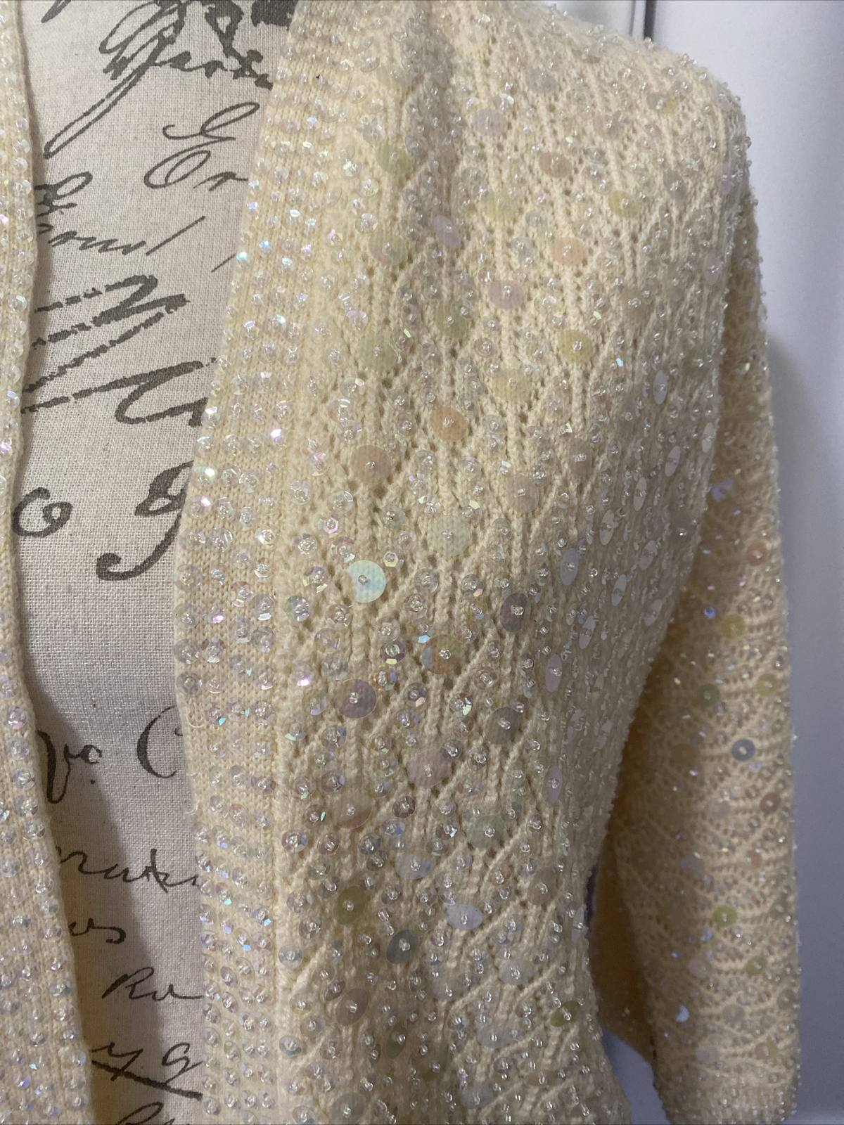 Vintage Jeri-Jo New York Sequin Cardigan Sweater Jacket 100% Wool Size 38 Ivory