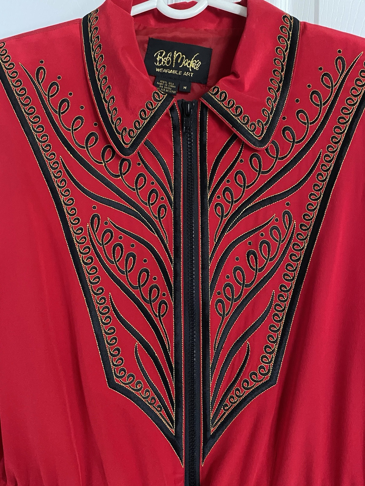 Vtg Bob Mackie Wearable Art 100% Silk Embroidered Zip Top, Drawstring Waist, M