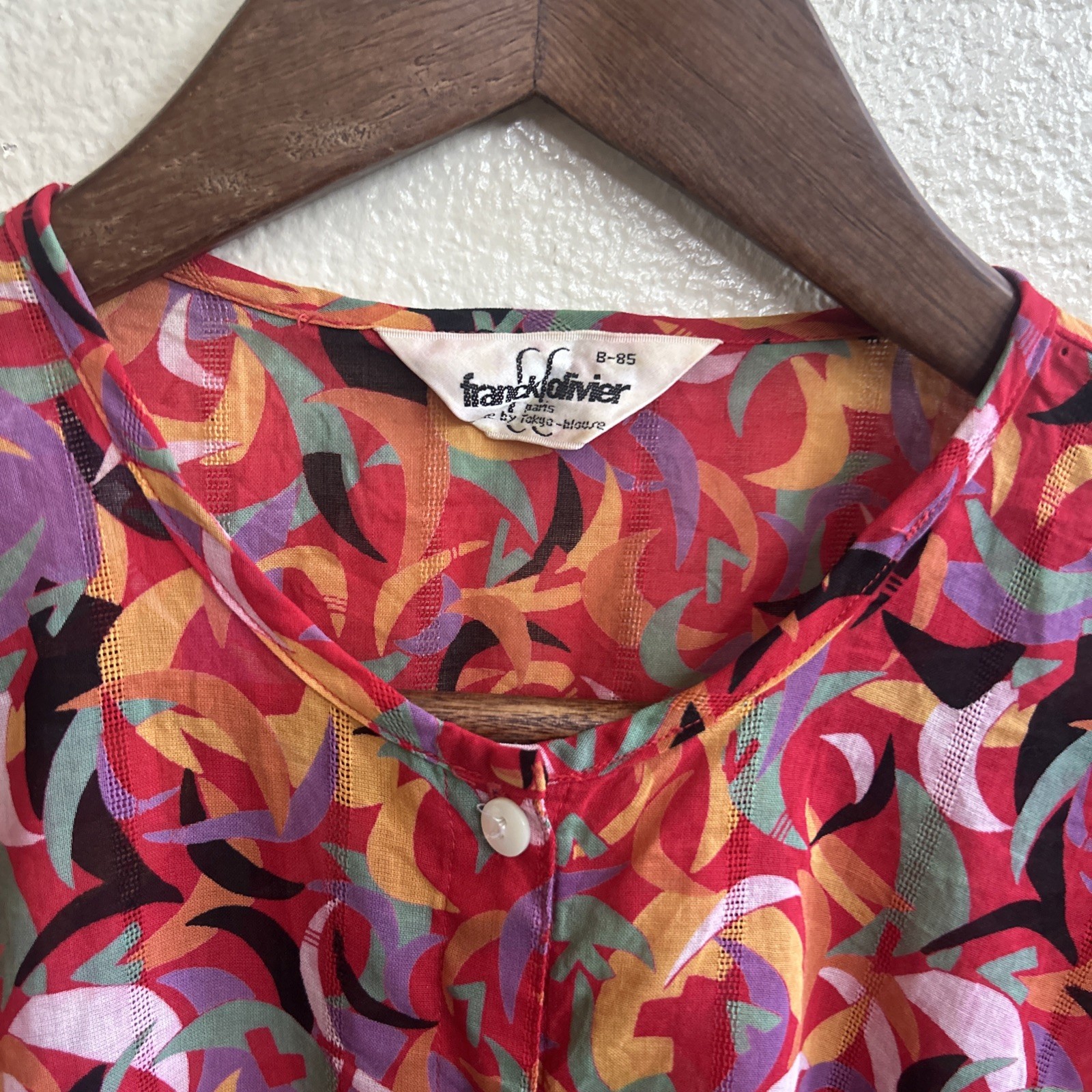 Vintage 70s Franck Olivier Silk Blouse – France Red/Multicolor Geometric 38 Bust