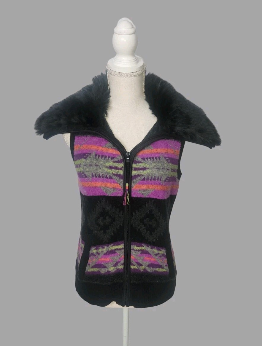 Vintage Ralph Lauren Active Medium Southwest Fair Isle Lambswool Faux Fur Vest