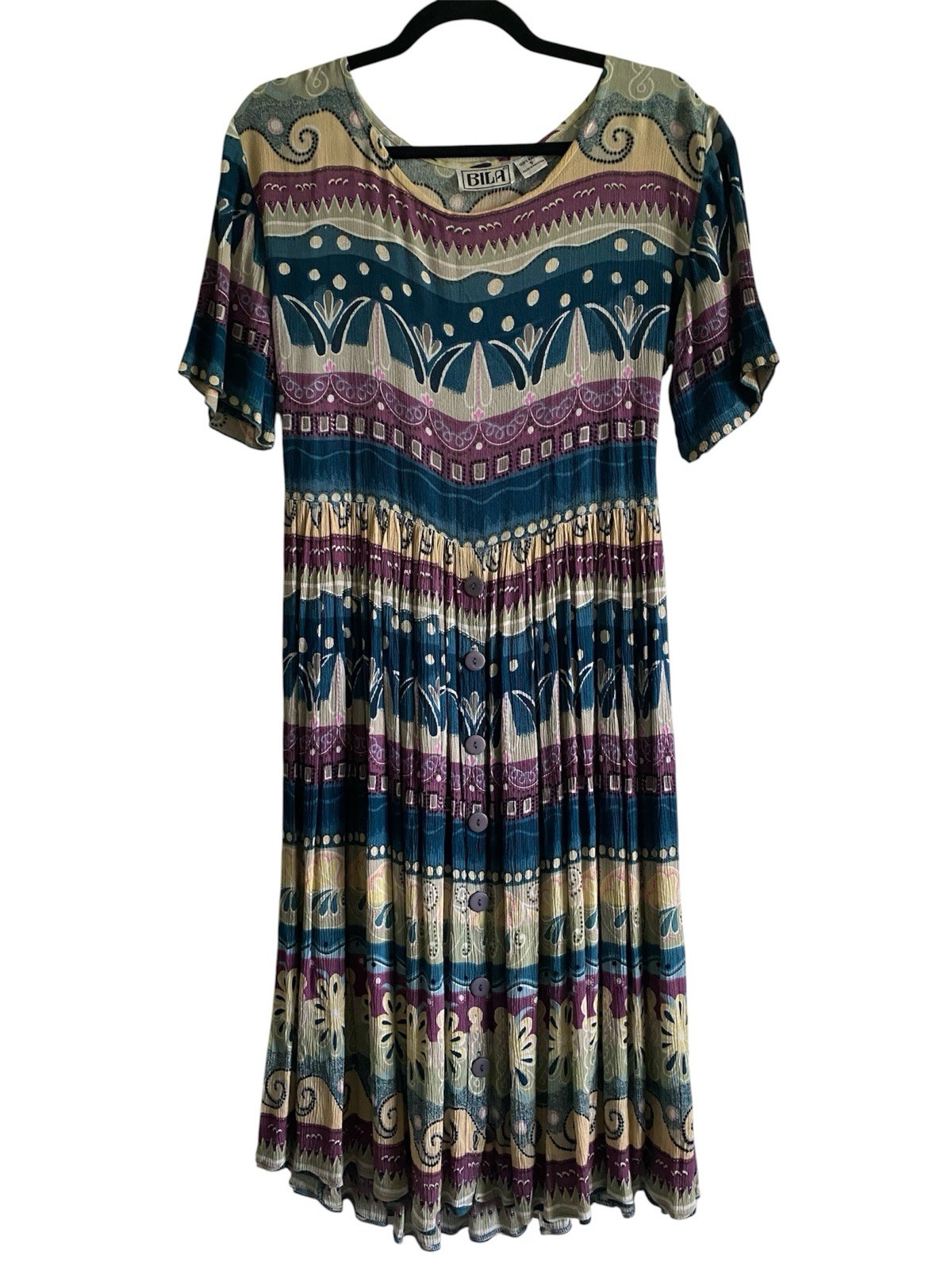 Vintage Bila Boho Crinkle Rayon Midi Dress Tie Back Abstract Print S