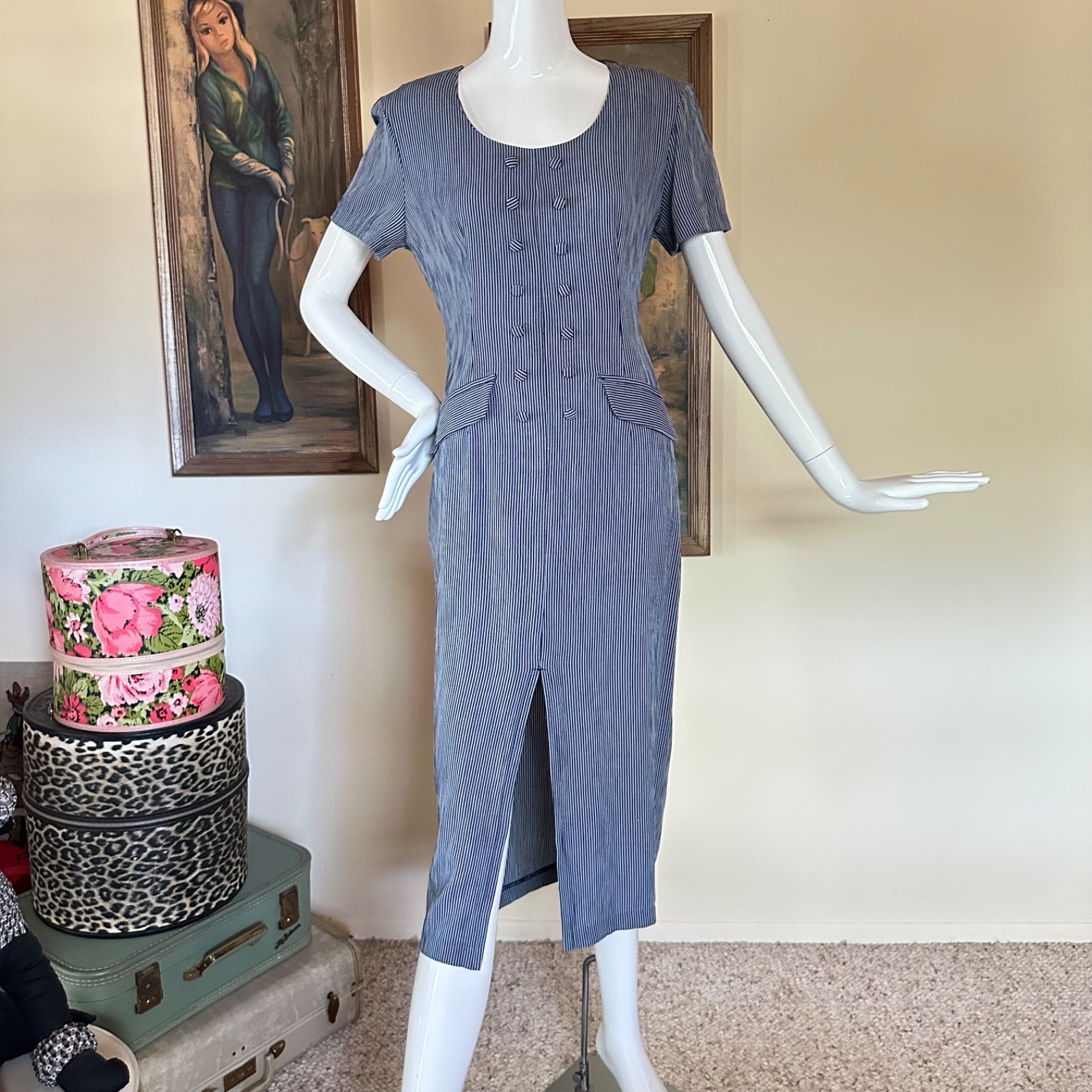 Vintage 1980s Artsy Corporate Goth Striped Wiggle Day Dress Secretary M/L