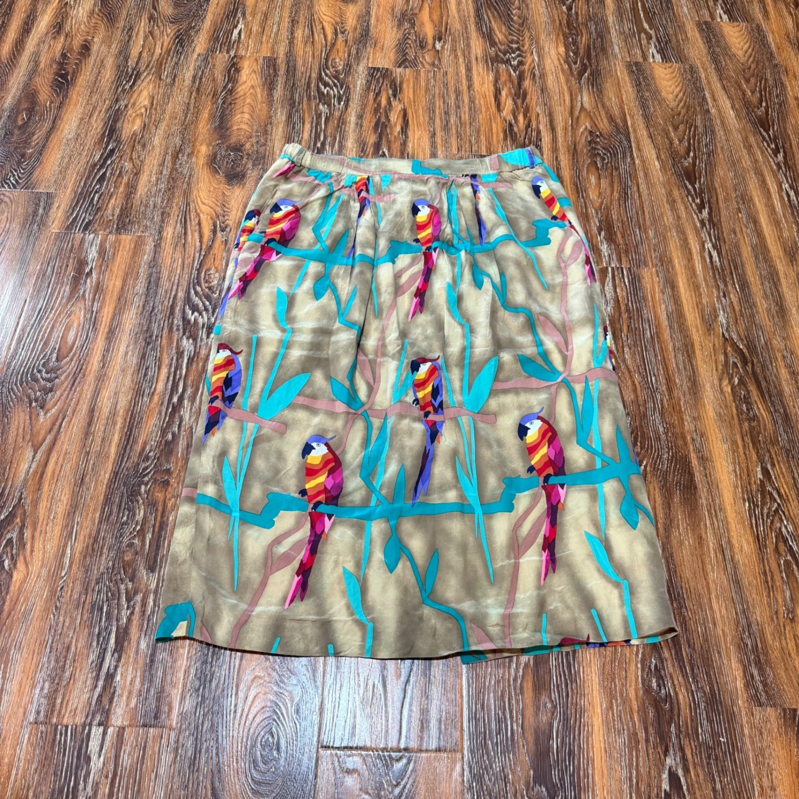 Vintage 100% Silk Ann May Women Size 14 Parrot Print Midi Skirt Tan Teal