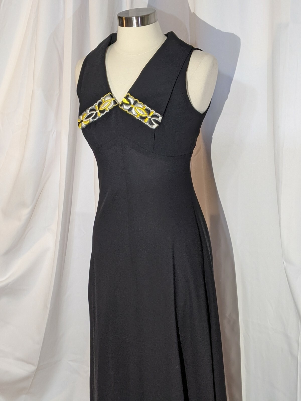 70s Boho Disco Black Yellow Embroidered Maxi Dress ILGWU Union Sz S M Vtg 12