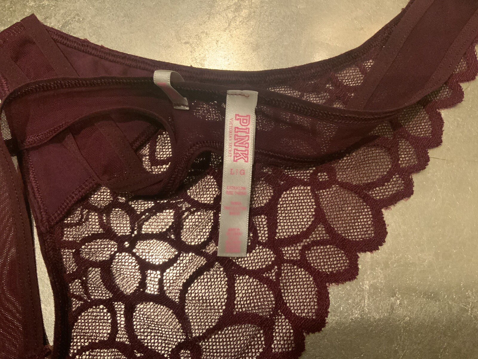 Vtg Victoria’s Secret Pink L Wine Lace Bikini Thong String Panties Panty