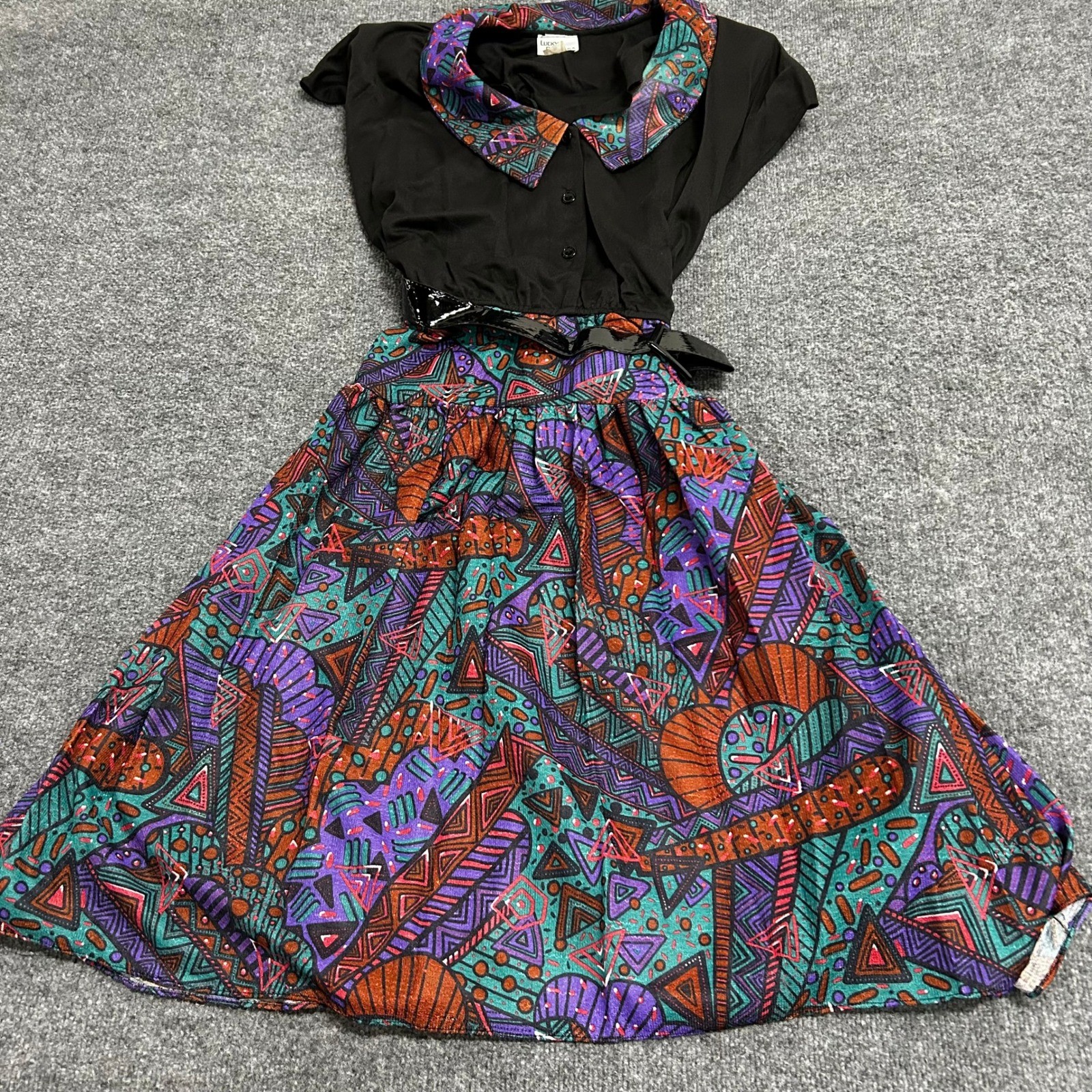 Lucky Barbara Dress Womens 24.5 Black Geometric Print Vintage 80s Belted USA