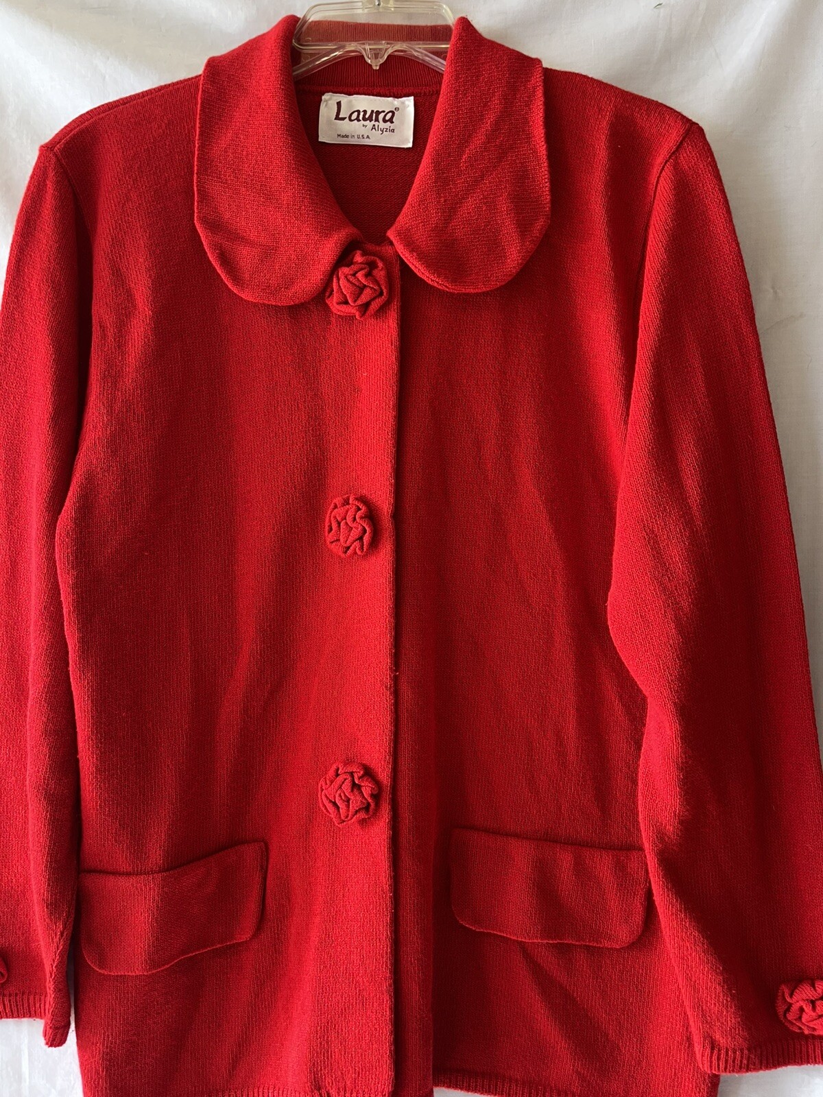 VINTAGE LAURA by ALYZIA, Women’s L Red Cardigan Sweater Knit Flower Accents