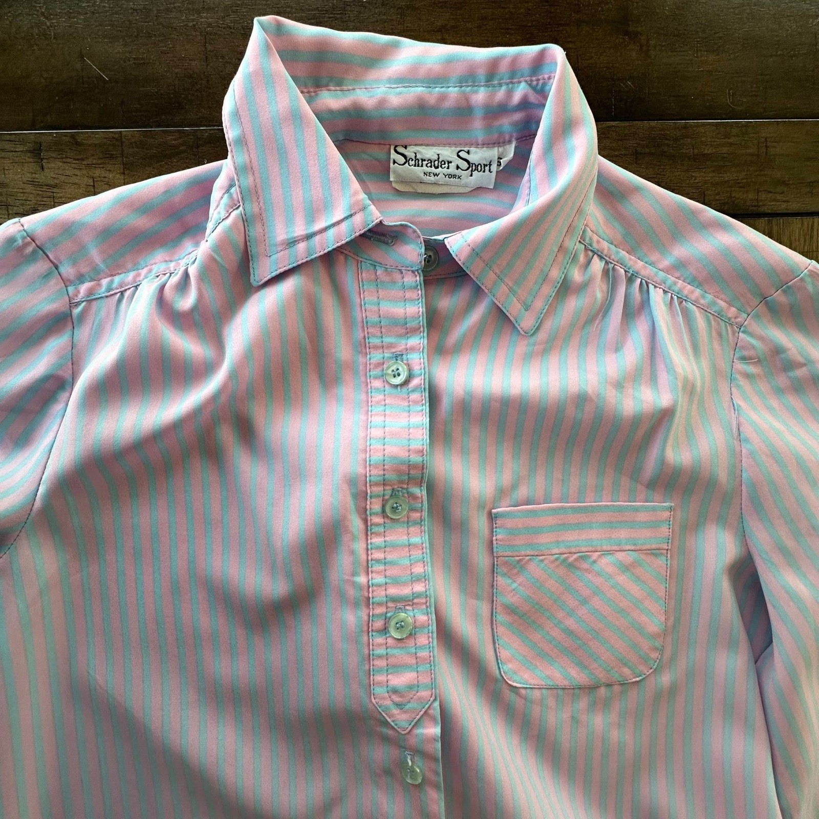 Vintage Shrader Sport Stripe Shirt Dress Pink Blue ILGWU Tie Waist S