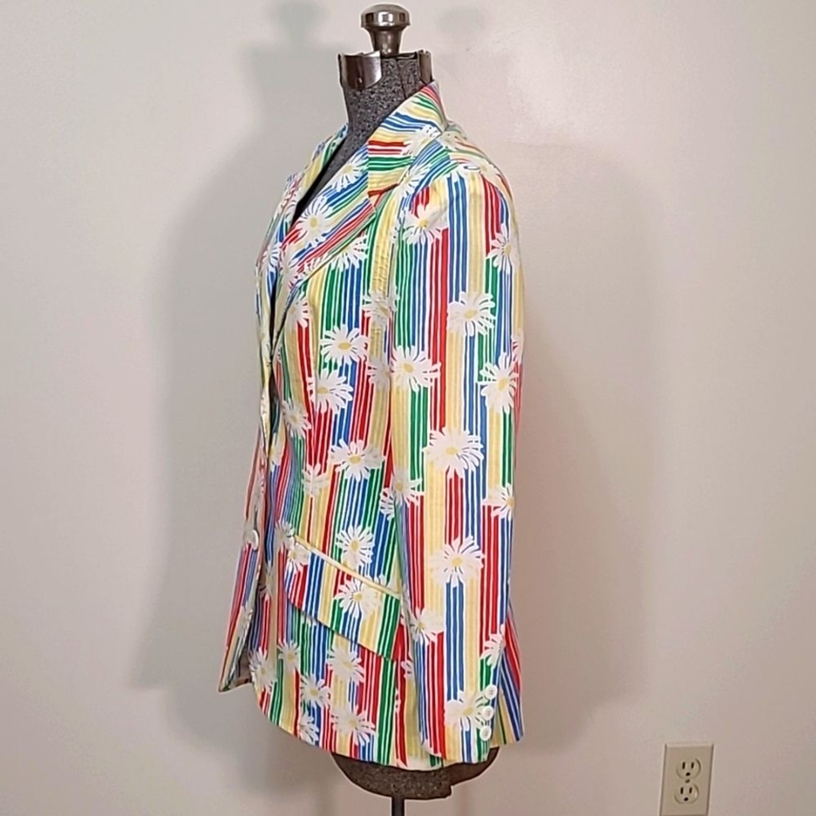 1970s Ah! Austin Hill Blazer Jacket Rainbow Stripes & Daisies Print 10 Pride Mod