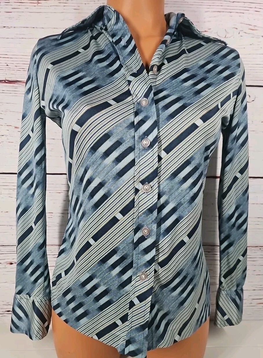 Vintage Organically Grown Oh Gee! Arpeja Button Front Shirt Blue Gold Stripes M