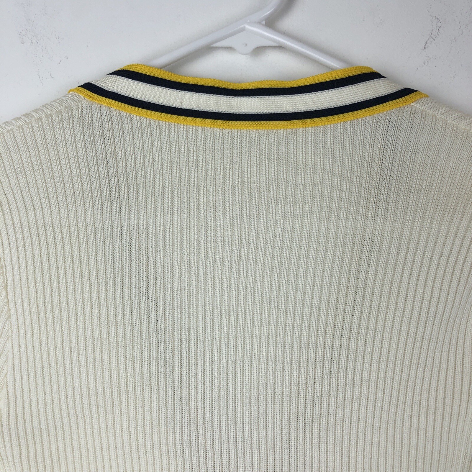 Vtg MCM Women’s Knit Cardigan Sweater Collegiate Prep Cream Navy Gold Stripes 8