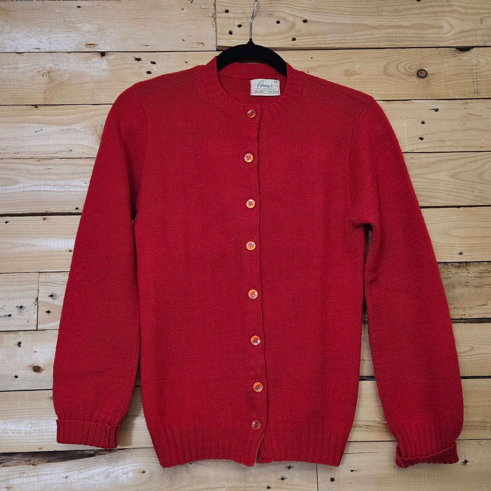 Vintage Penneys Red 100% Wool Cardigan Sweater Button Front Crew Neck 34
