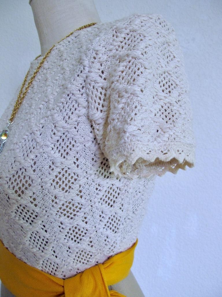 Vtg 60s Lanz Mod Mini Dress XXS Ivory Crochet Top Tan Skirt Orange Sash Autumn