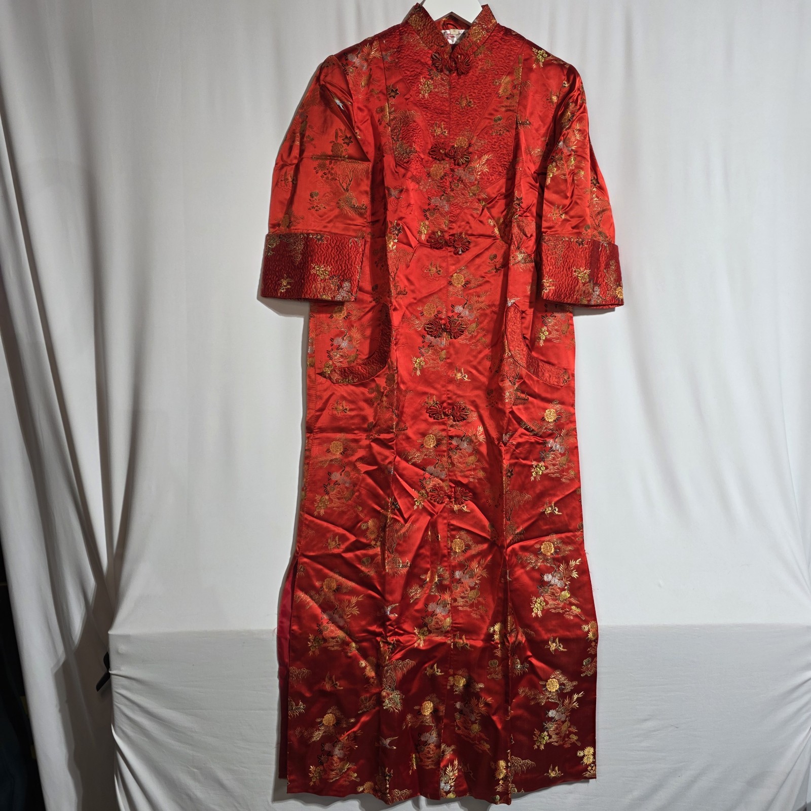 Vintage Red Chinese Embroidered Long Dress Coat Women’s Small Brocade Satin