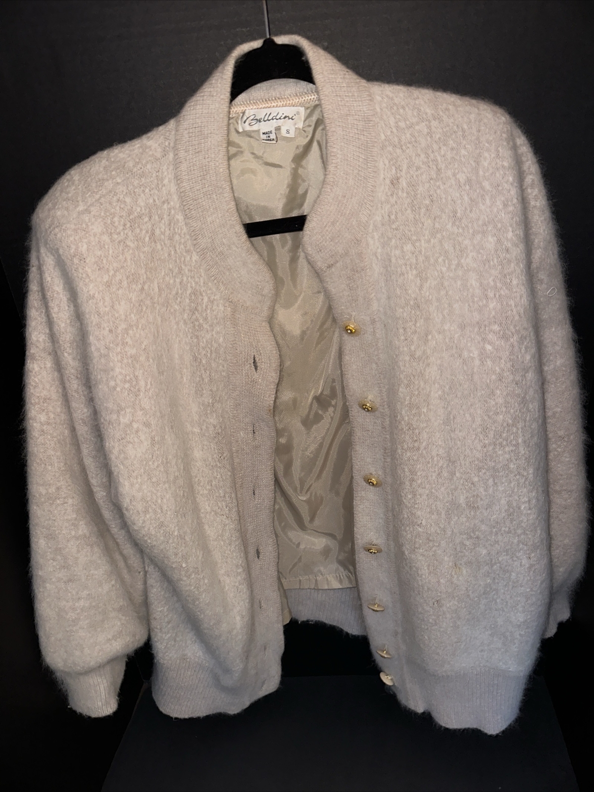 Vintage Bellini Sz Small Runs Large Angora Beige Cardigan Lined Shoulder Pads
