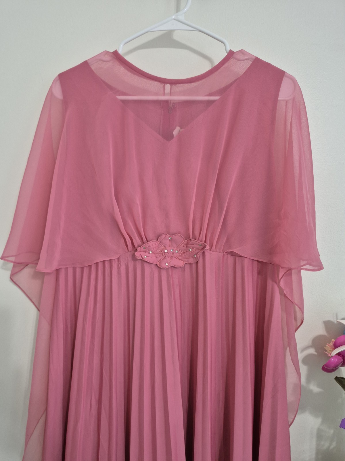 Vintage 70/80s Pink Accordion Pleated Cape Dress Maxi Gown ILGWU Union Made M/L