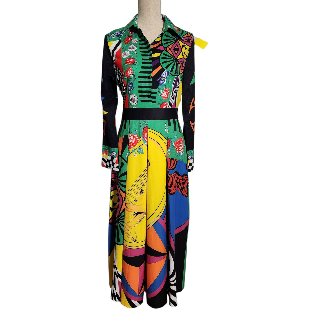 Vintage Style Elaine Five Graphic Maxi Shirt Dress Multicolor Optical Illusio…