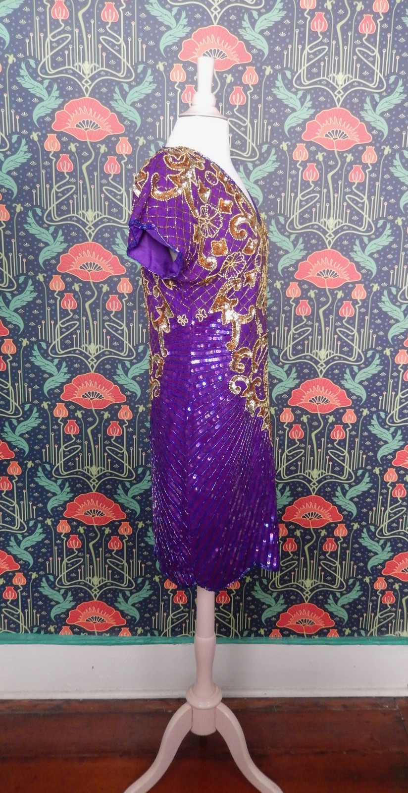 Vintage 80’s 90’s Purple Gold Sequin Beaded Party Cocktail Dress Glam Party