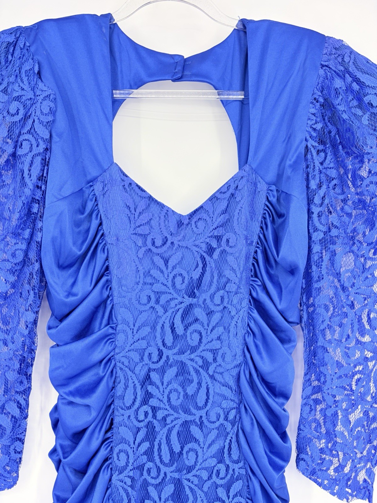 Vintage Mayvens of California Bodycon Lace Ruched Dress Size 13 Puff Sleeves