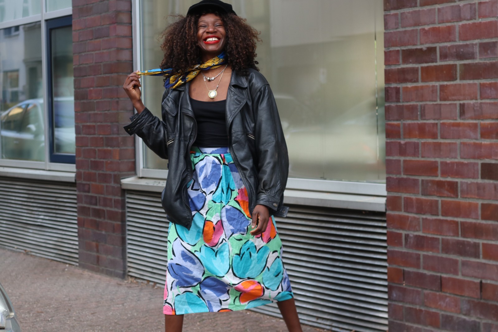 Vintage Midi Skirt Floral High Waist Cotton Multicoloured 70s A Line