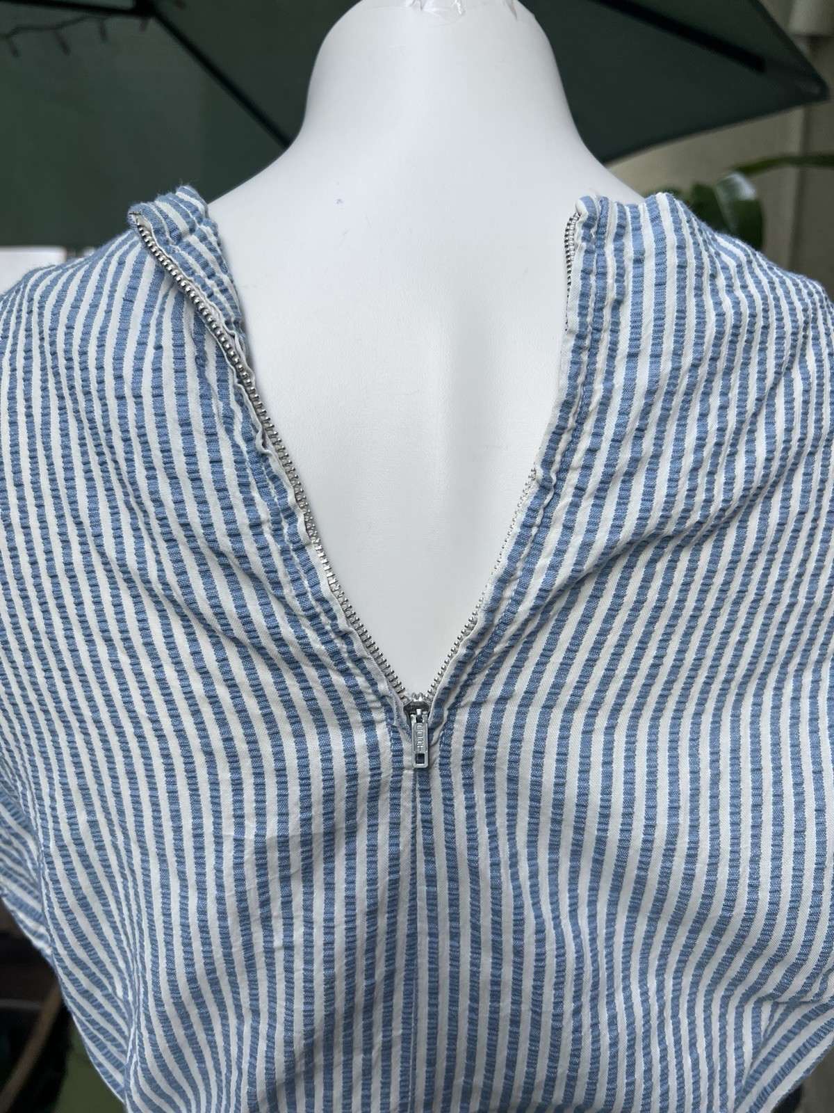 VTG Sears Dress Blue White Seersucker Belt Loops Short Sleeve Knee Length Med/L