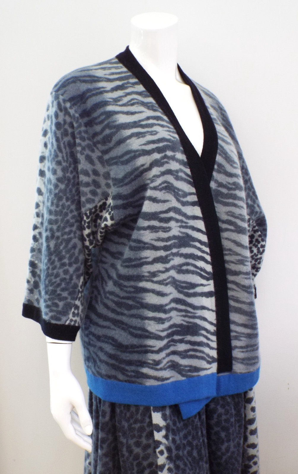 Vintage 1980s KENZO Sweater & Skirt Lambswool Angora Gray Animal Print Blue