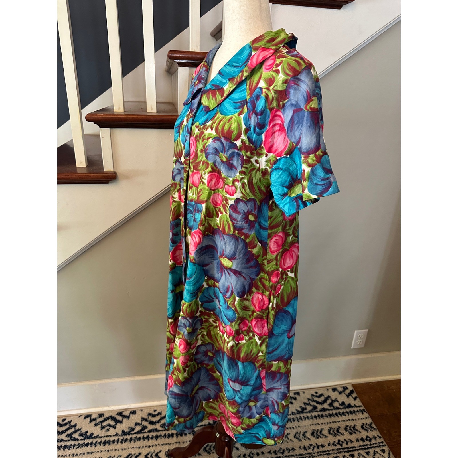 Rhapsody Glazier Vintage Retro 70s Housecoat Dress M/L Floral Pearl Button Robe