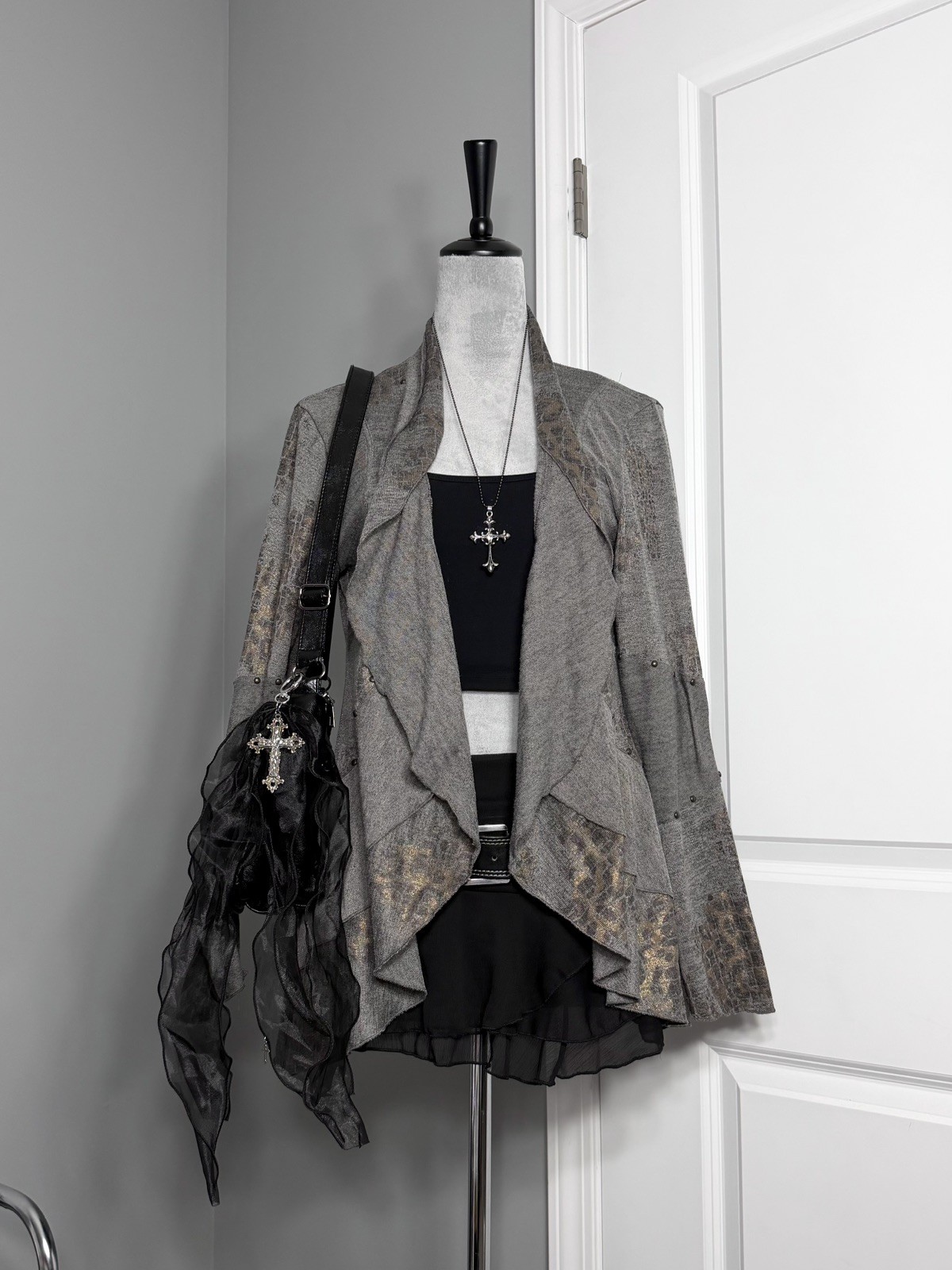 Vintage Mishca Leopard Print Gold Studded Layered Ruffle Cardigan (Women’s M)